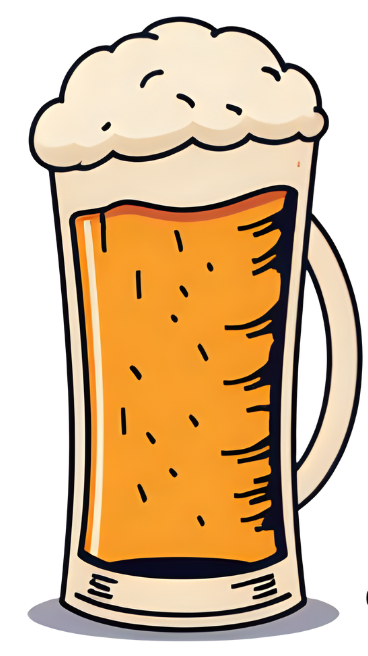 Illustration of a beer mug with foam and a sign reading 'Drunk Merch Bar' on a white background.